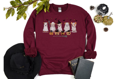 Halloween sweatshirt with five dogs dressed as ghosts, surrounded by bats, black cats, and jack-o’-lanterns for a playful spooky-season design.