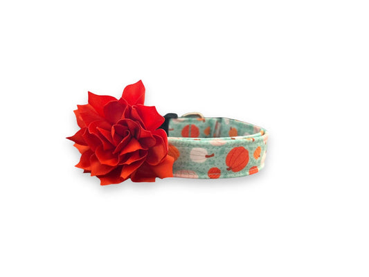 Halloween Dog Collar, Pumpkin Dog Collar with Collar Flower, Aqua Pumpkin Dog Collar, Collar for Halloween, Halloween Collar, Halloween Dog