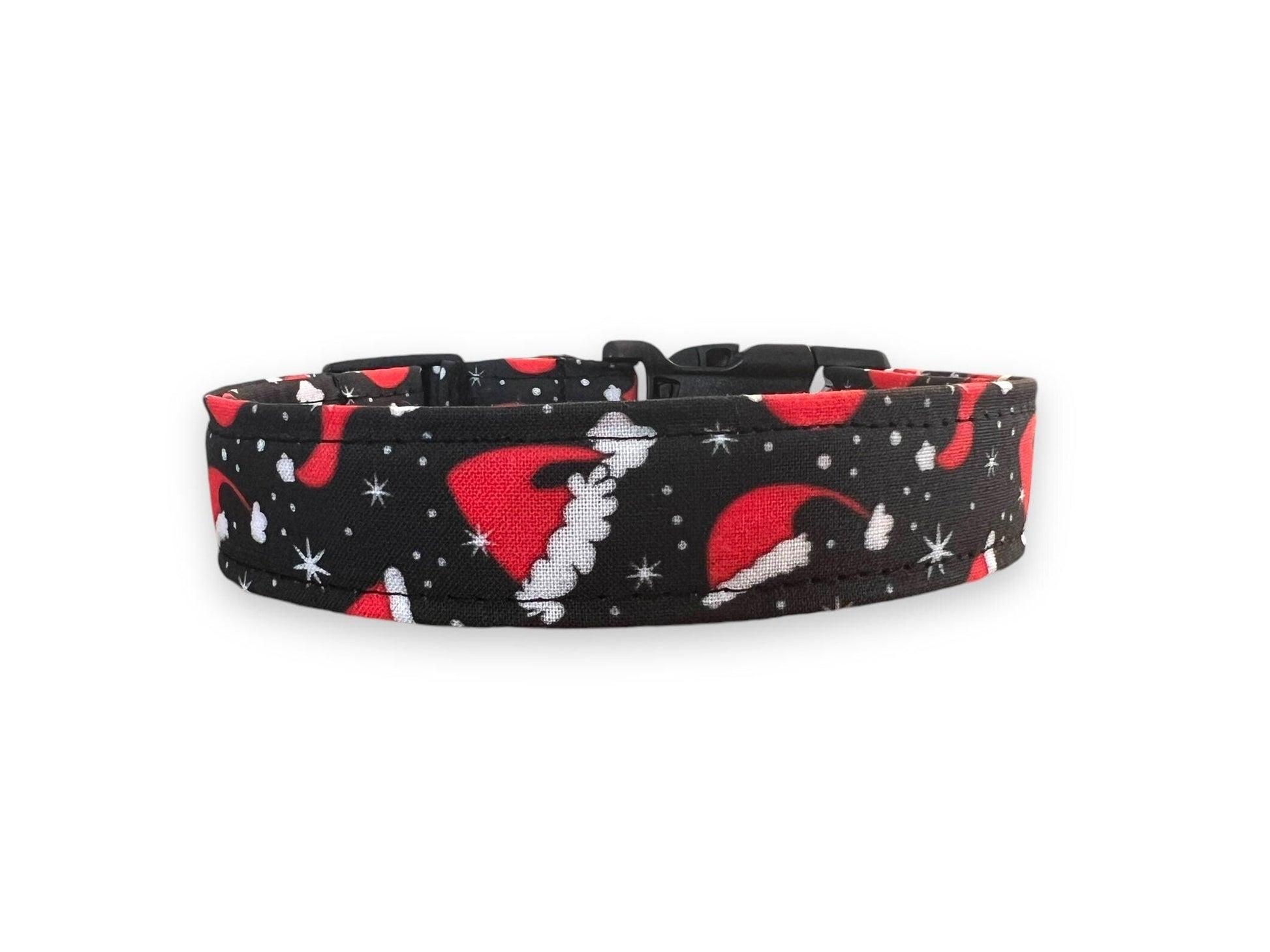 Black Christmas dog collar with red Santa hats and white snowflakes