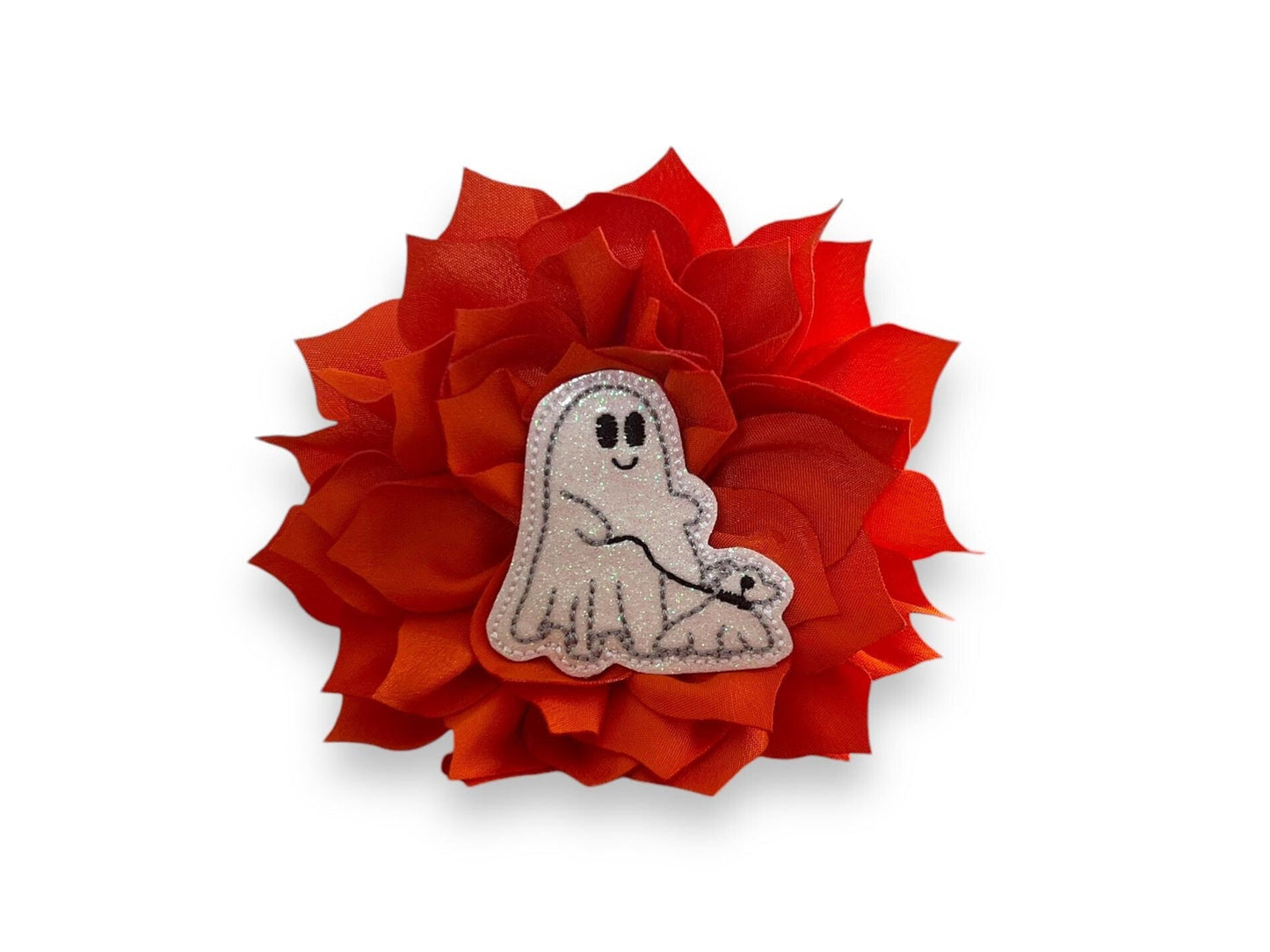 Sparkly ghost walking a dog embellishment on a layered petal dog collar flower, shown with elastic loop attachment.