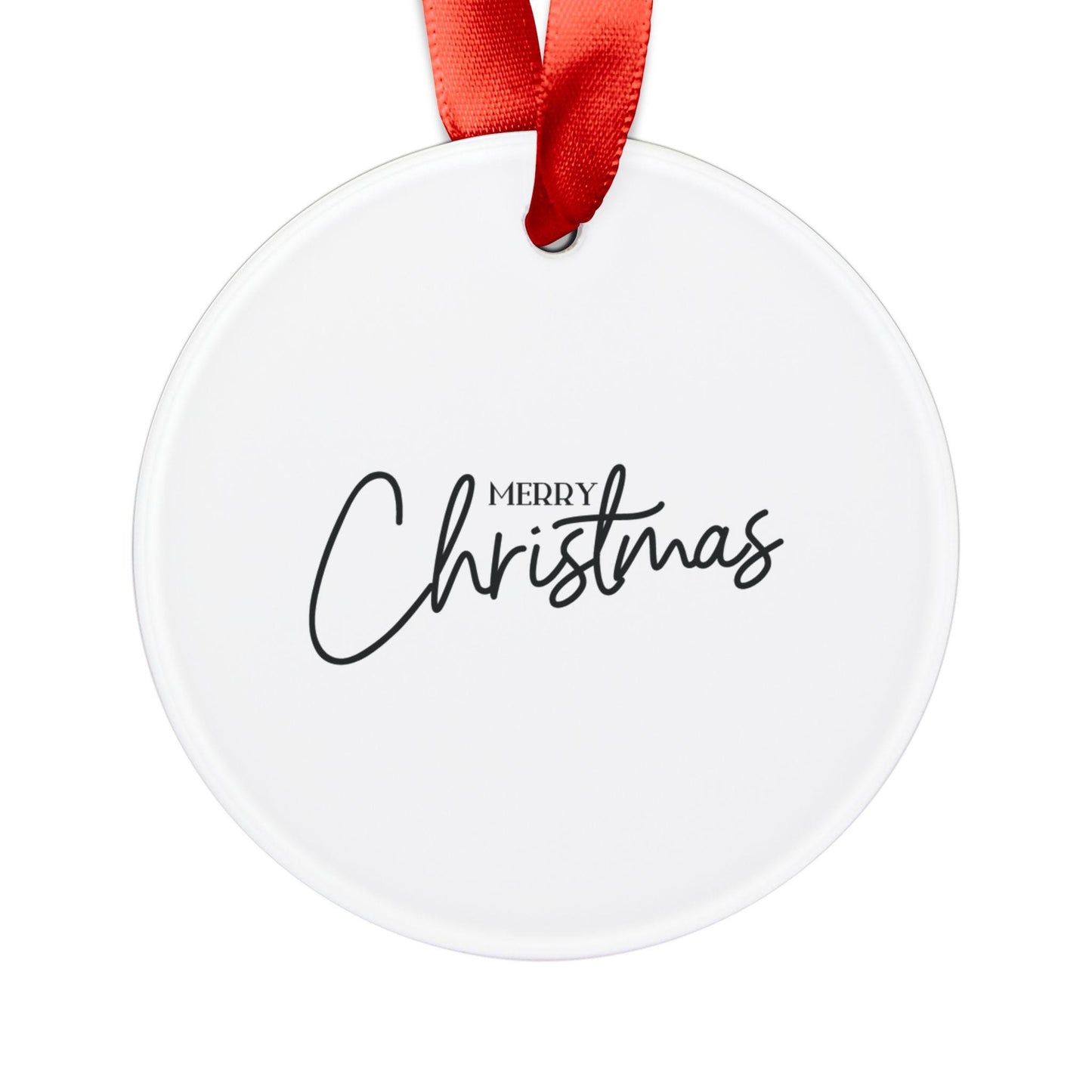 Back of round acrylic Christmas ornament featuring a Merry Christmas design and red ribbon for hanging.