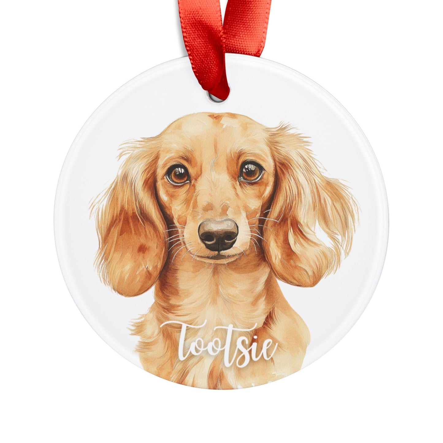 Round acrylic Christmas ornament featuring a watercolor Long Haired Cream Dachshund, personalized with the dog’s name and finished with a red ribbon for hanging.