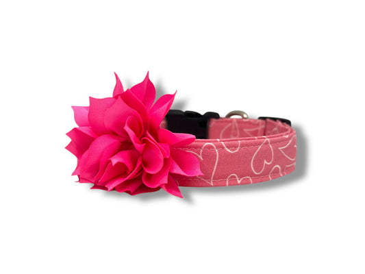 Bright pink dog collar with white heart outline design, and removable hot pink dog collar flower for Valentine’s Day.