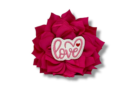 Valentine’s Day dog collar flower with heart embellishment and fluffy layered petals, shown in a 4-inch shocking pink size with elastic collar loop.