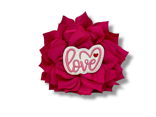 Valentine’s Day dog collar flower with heart embellishment and fluffy layered petals, shown in a 4-inch shocking pink size with elastic collar loop.