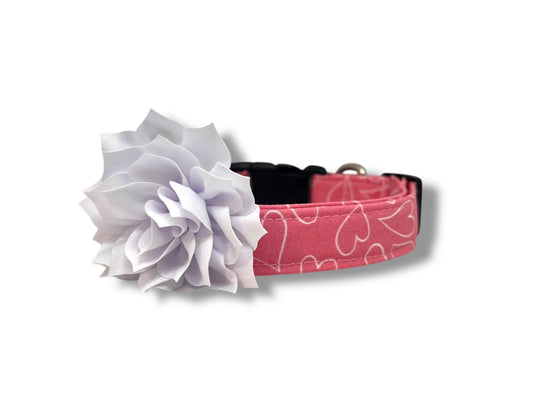 Bright pink dog collar with white heart outline design, and removable white dog collar flower for Valentine’s Day.
