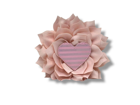 Valentine’s Day dog collar flower with pink stripe heart embellishment and fluffy layered petals, shown in a 4-inch pink blush size with elastic collar loop.