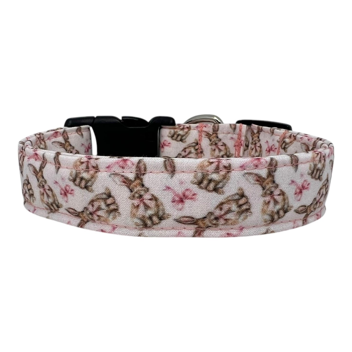 Pale pink dog collar with Easter bunny illustrations and pink coquette bows in a vintage cottagecore style.