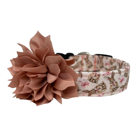 Pale pink dog collar with Easter bunny illustrations and pink coquette bows in a vintage cottagecore style with removable dog collar flower.