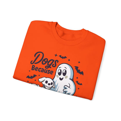 Halloween dog sweatshirt with a ghost, playful dogs, and the phrase “Dogs Because People Are Creepy,” made from soft, cozy fabric for fall weather.