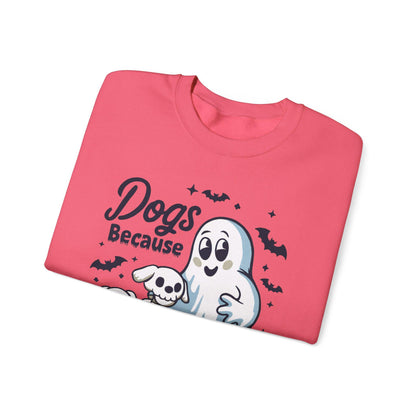 Halloween dog sweatshirt with a ghost, playful dogs, and the phrase “Dogs Because People Are Creepy,” made from soft, cozy fabric for fall weather.