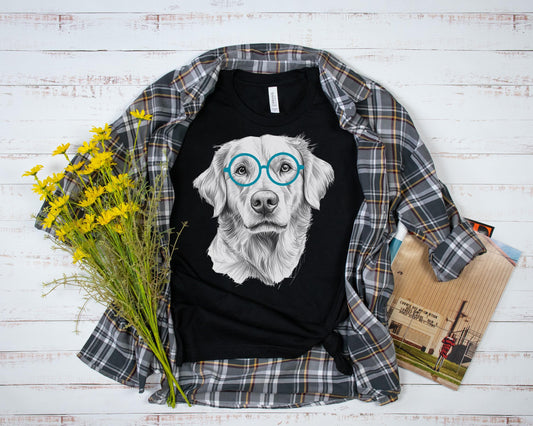 Golden Retriever in Glasses Shirt