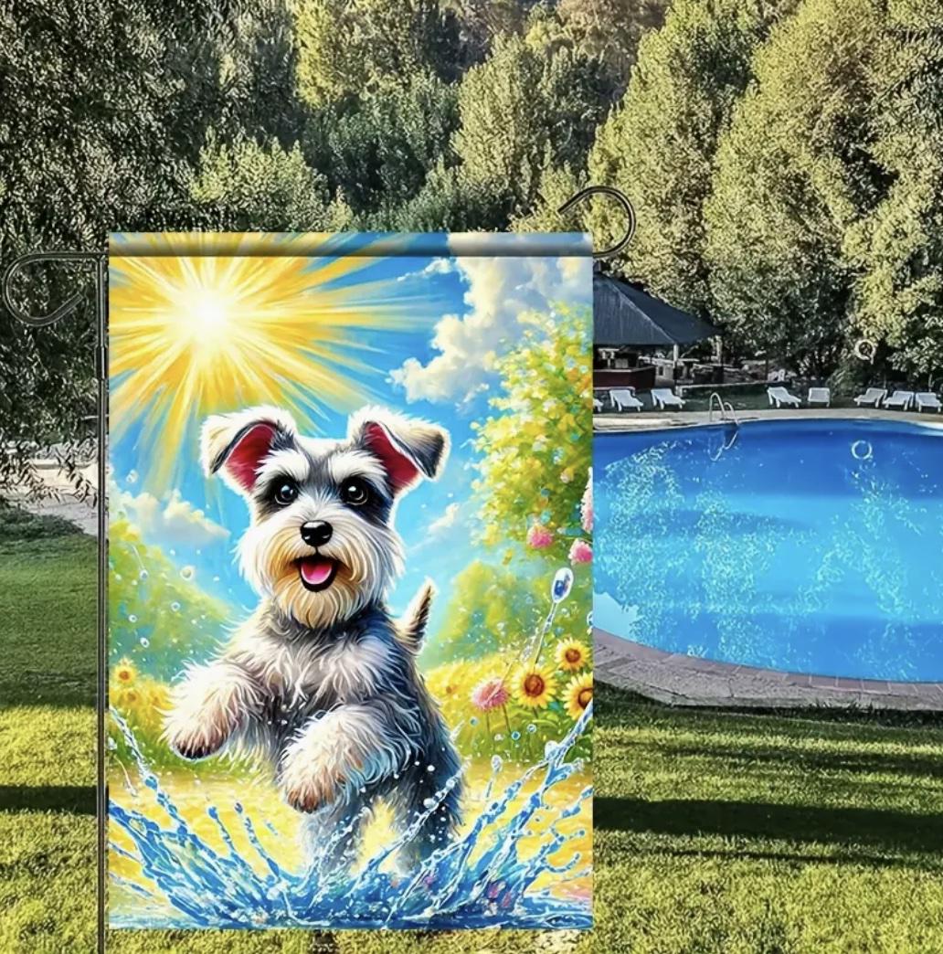 Schnauzer garden flag showing a happy Schnauzer splashing in a puddle on a sunny day, surrounded by colorful flowers in a vibrant outdoor scene.