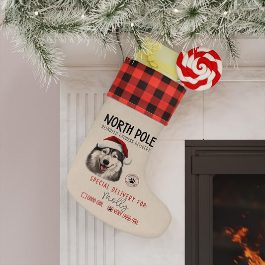 Personalized Christmas dog stocking in red or white plaid, featuring a Husky in a Santa hat, festive stamps, and custom name with "Very Good Girl/Boy" label.