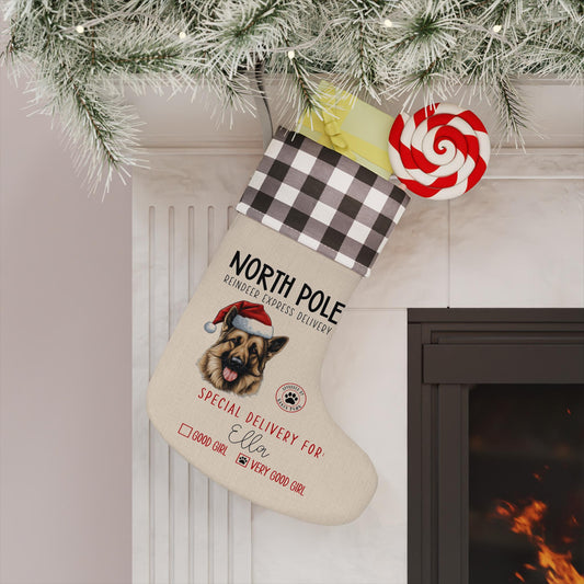 Personalized Christmas dog stocking with red or white plaid pattern, featuring a German Shepherd in a Santa hat, festive holiday text, and custom pet name.