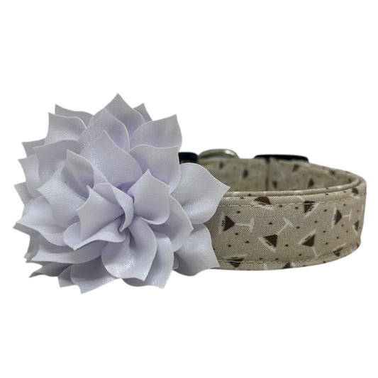 Beige dog collar featuring a playful espresso martini-themed print with tiny martini glasses and coffee beans and white dog collar flower, laid flat on a white background.