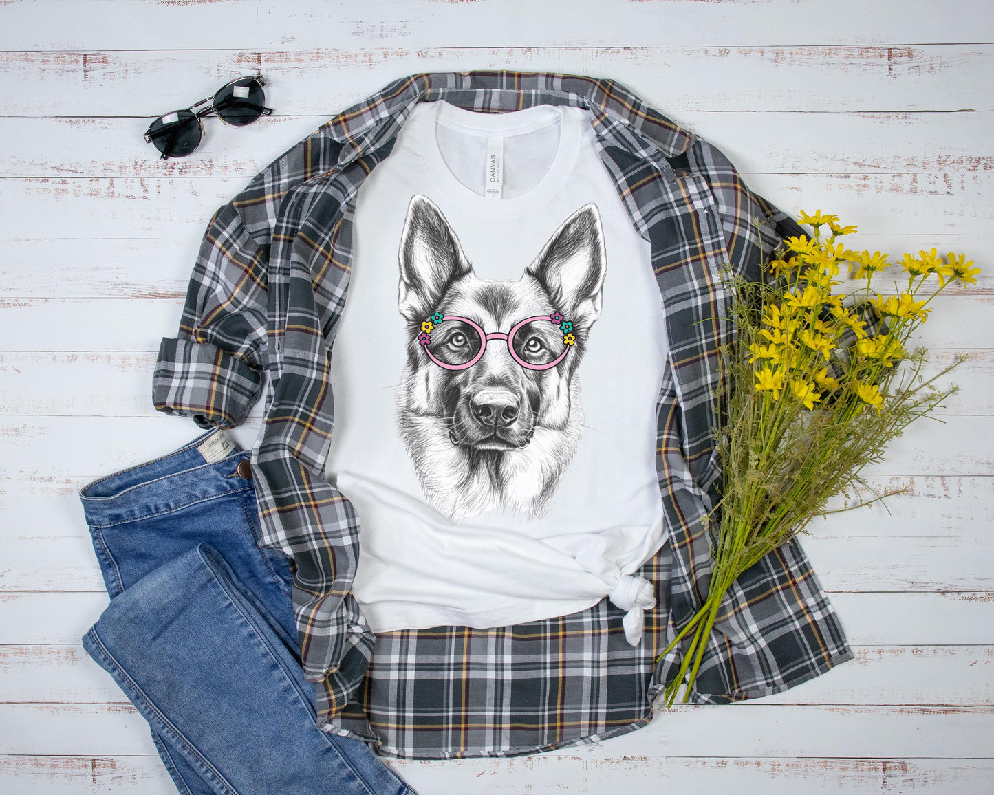 German Shepherd in Glasses Shirt