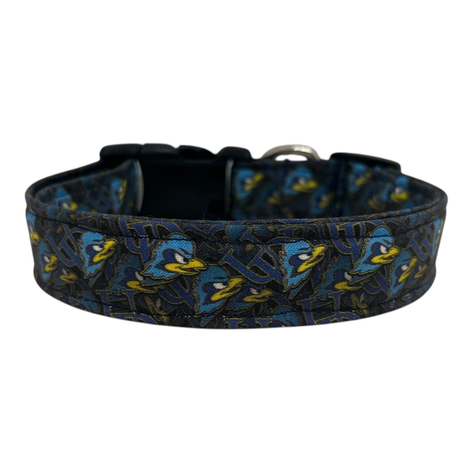 Navy blue dog collar featuring the University of Delaware UD logo and Blue Hens graphics, laid flat on a white background.