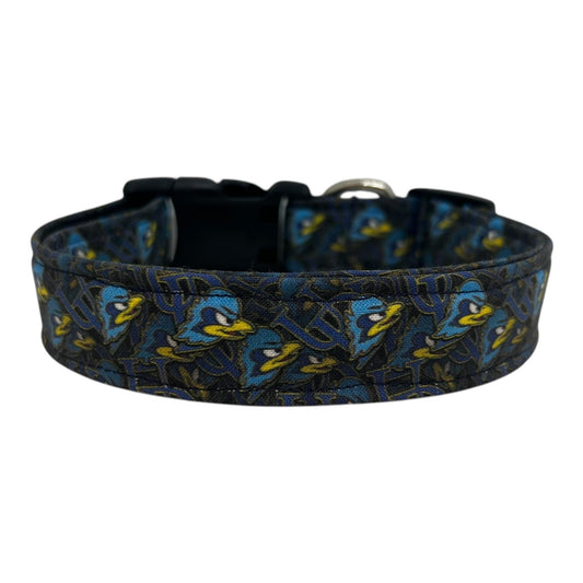 Navy blue dog collar featuring the University of Delaware UD logo and Blue Hens graphics, laid flat on a white background.
