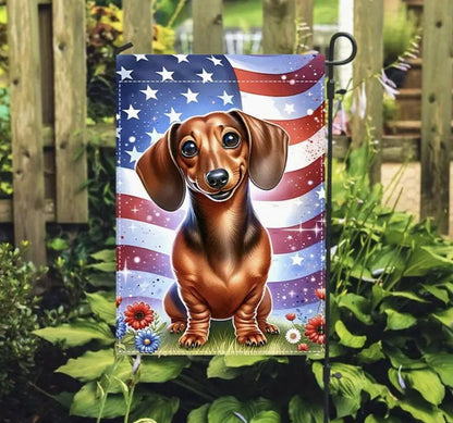 Patriotic Dachshund garden flag with a smiling Dachshund sitting in front of an American flag, surrounded by red, white, and blue floral accents.