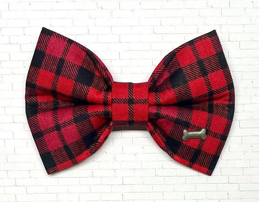 Black and red plaid dog bow tie accessory with a classic buffalo check pattern, perfect for stylish pups.