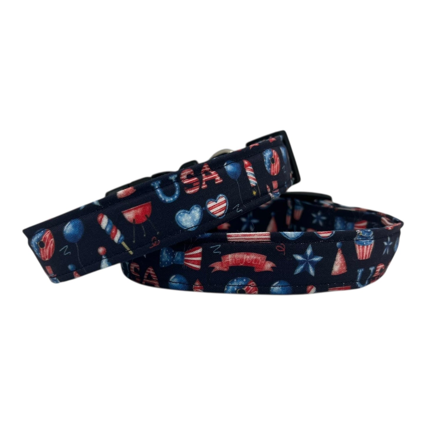 Navy blue 4th of July dog collar decorated with red, white, and blue icons like popsicles, BBQ grills, fireworks, and balloons.