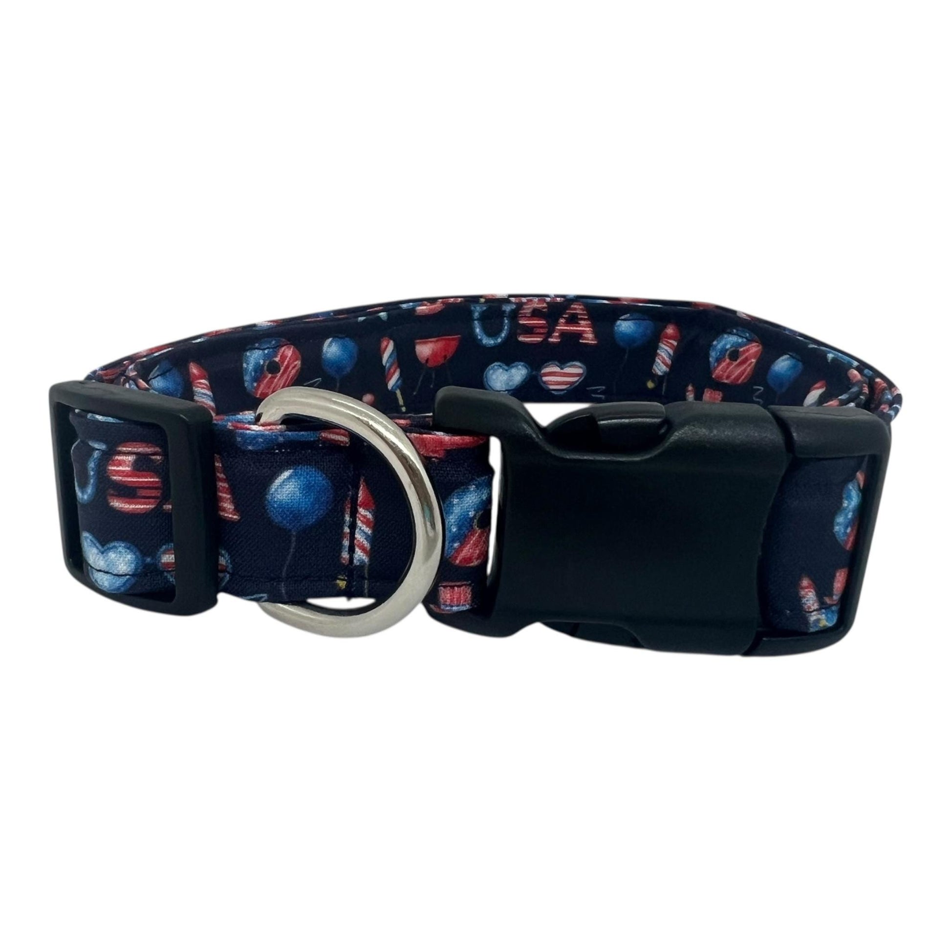 Navy blue 4th of July dog collar decorated with red, white, and blue icons like popsicles, BBQ grills, fireworks, and balloons.