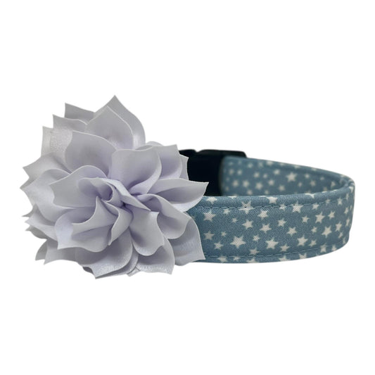 Light blue chambray dog collar with scattered white stars, customizable with your choice of a 3" or 4" detachable flower for added style.