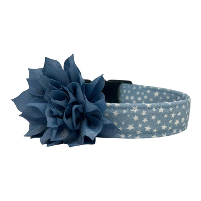 Light blue chambray dog collar with scattered white stars, customizable with your choice of a 3" or 4" detachable flower for added style.