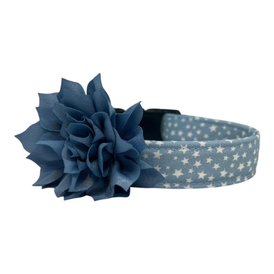 Light blue chambray dog collar with scattered white stars, customizable with your choice of a 3" or 4" detachable flower for added style.