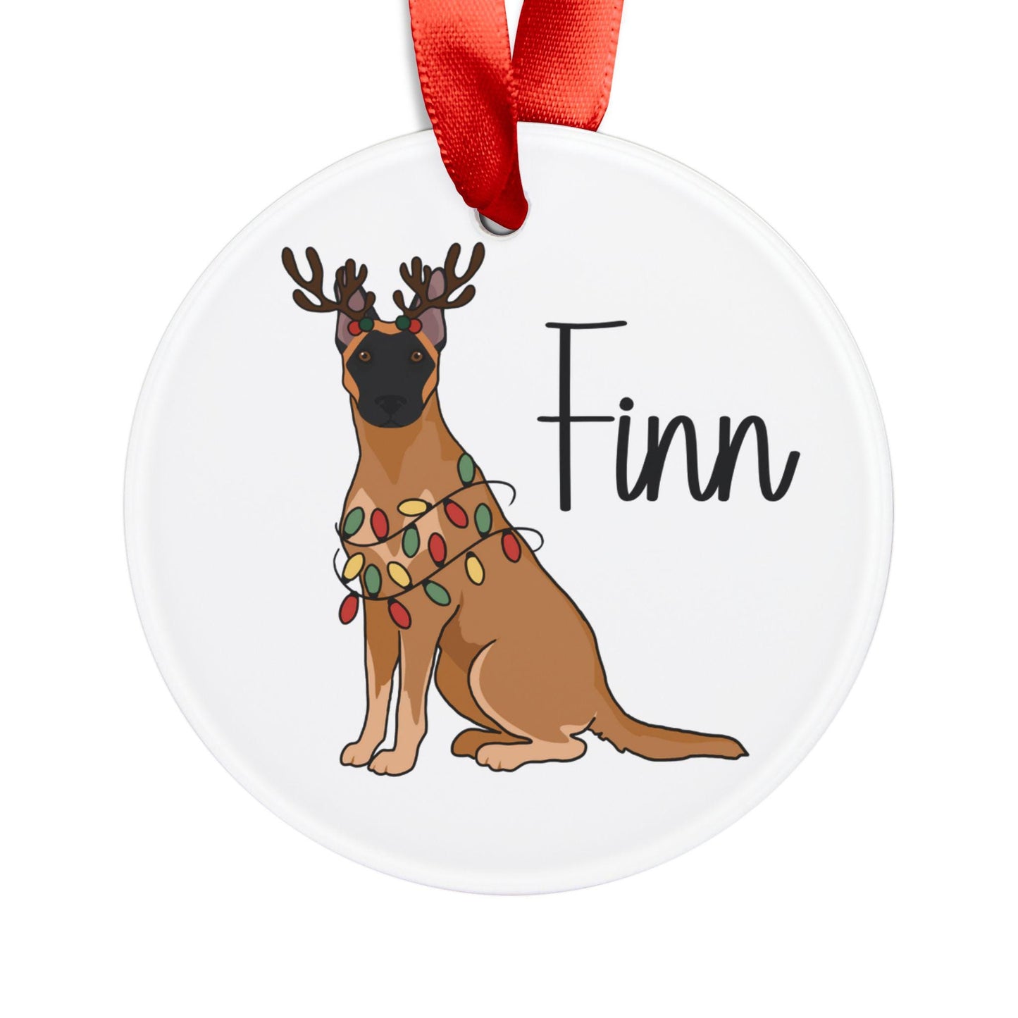 Personalized Belgian Malinois Christmas ornament featuring a festive illustration of a Malinois wrapped in holiday lights and reindeer antlers, made from glossy acrylic with a red hanging ribbon.