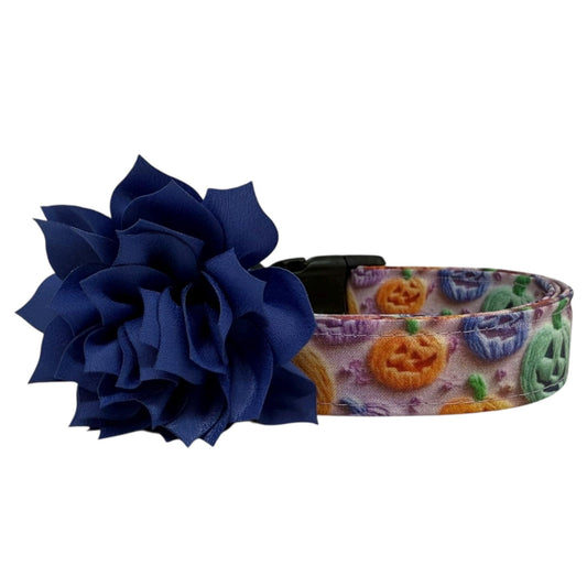 Halloween dog collar with rainbow jack-o’-lanterns in orange, green, purple, and blue with cornflower blue removable dog collar flower. 