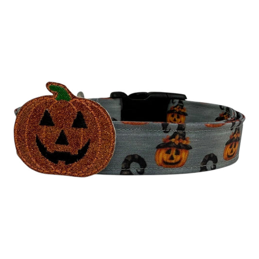 Gray Halloween dog collar with repeating jack‑o‑lanterns in witch hats and removable glitter pumpkin charm.