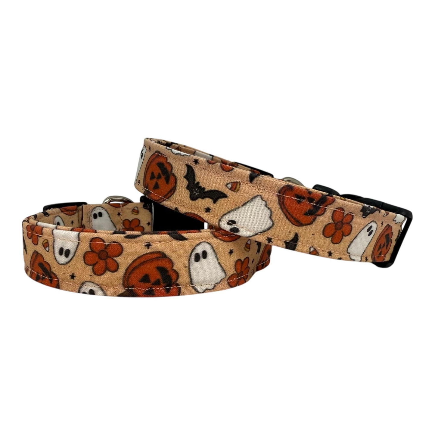 Close-up of ghost, pumpkin & bat pattern on adjustable Halloween dog collar with Ghost embellishment.