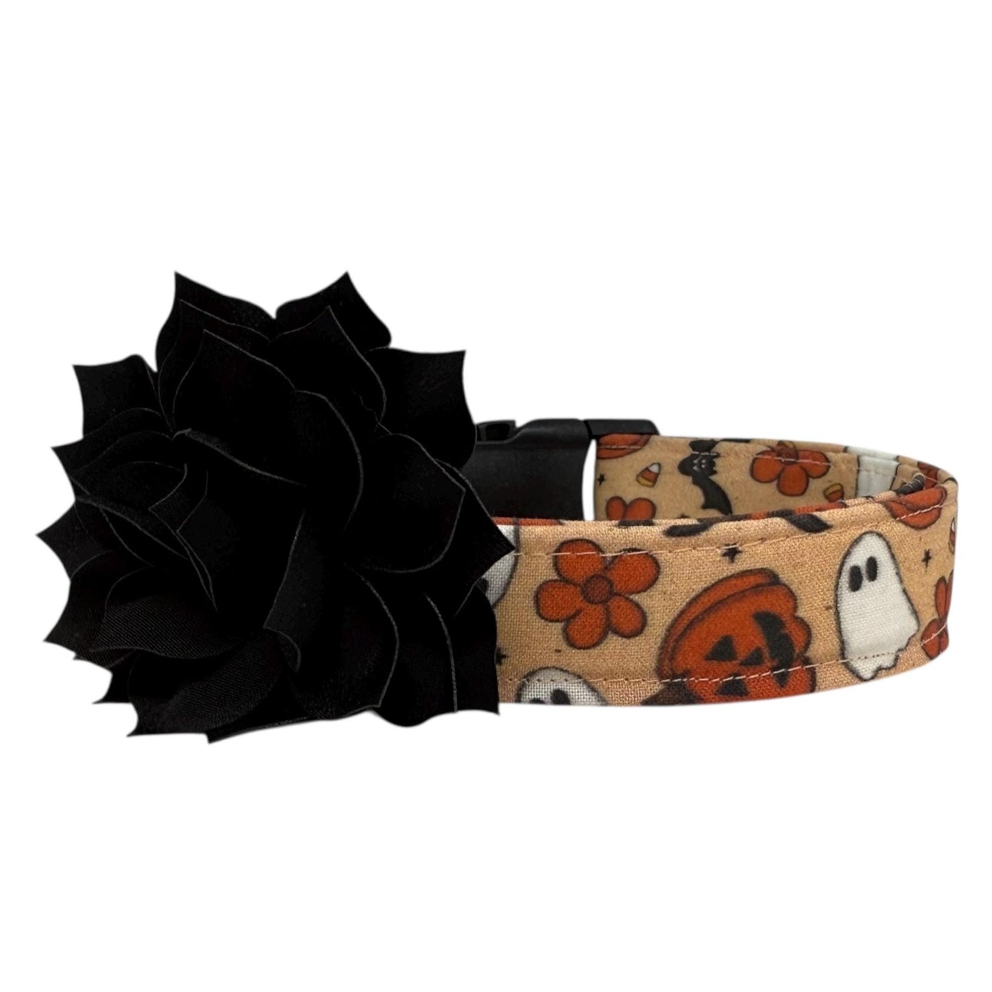 Black flower and Halloween-themed dog collar on a white background