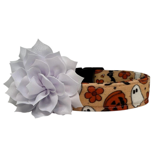Dog collar with Halloween design and a large white flower accessory on a white background