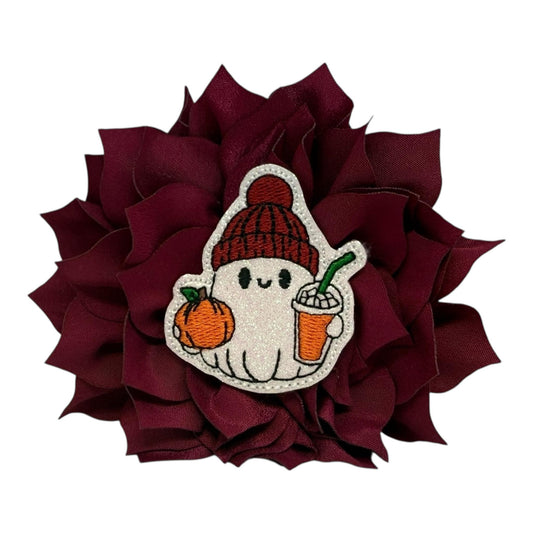 Glittery ghost dog collar flower with iced coffee and pumpkin on a fluffy wine colored blossom flower, available in 3" or 4" sizes.
