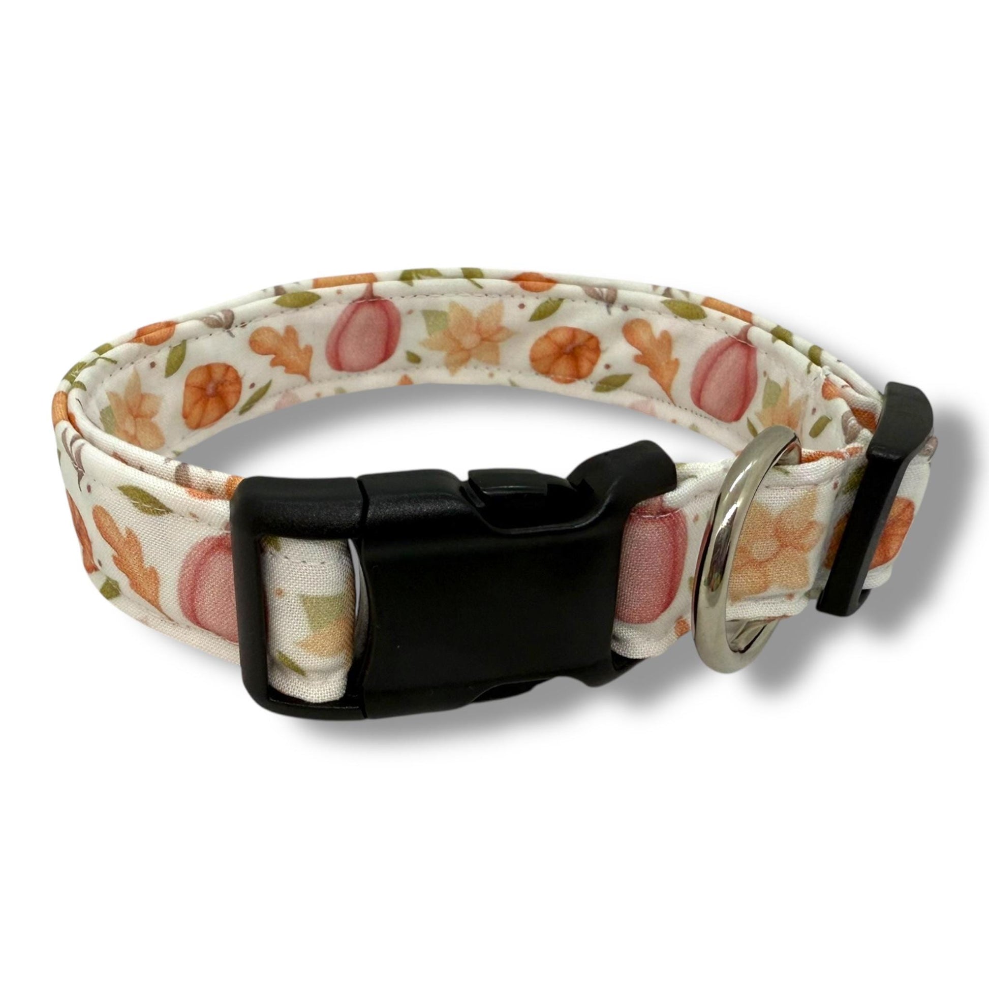Fall dog collar with pumpkins, golden leaves, and autumn blooms in soft orange and earthy tones.