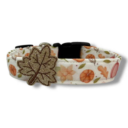 Fall dog collar with pumpkins, golden leaves, and autumn blooms in orange, peach, and earthy tones, includes removable maple leaf embellishment.