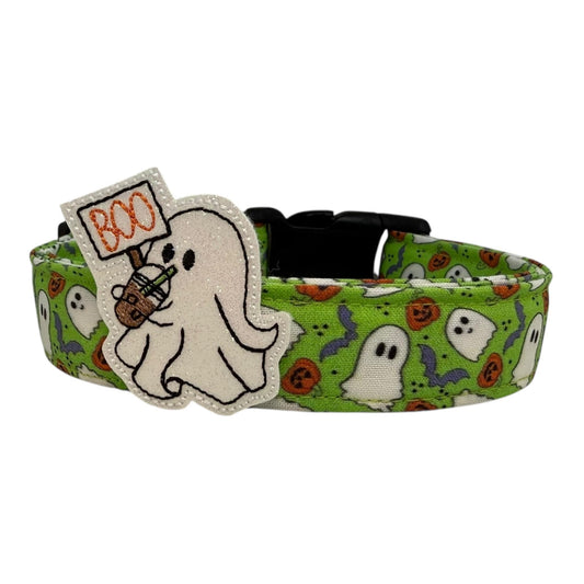 Bright green Halloween dog collar with ghosts, pumpkins, and bats, includes removable coffee-sippin’ ghost embellishment.