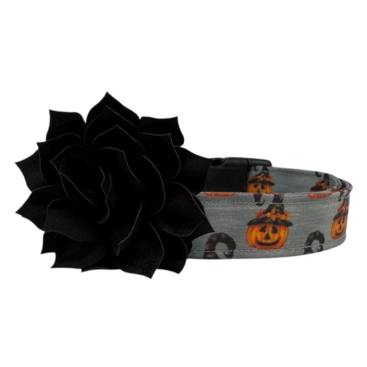 Halloween Dog Collar, Jack O Lantern Pumpkin Dog Collar with Flower, Pumpkin Dog Collar,  Collar for Halloween, Halloween Collar