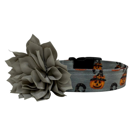 Halloween Dog Collar, Jack O Lantern Pumpkin Dog Collar with Flower, Pumpkin Dog Collar,  Collar for Halloween, Halloween Collar