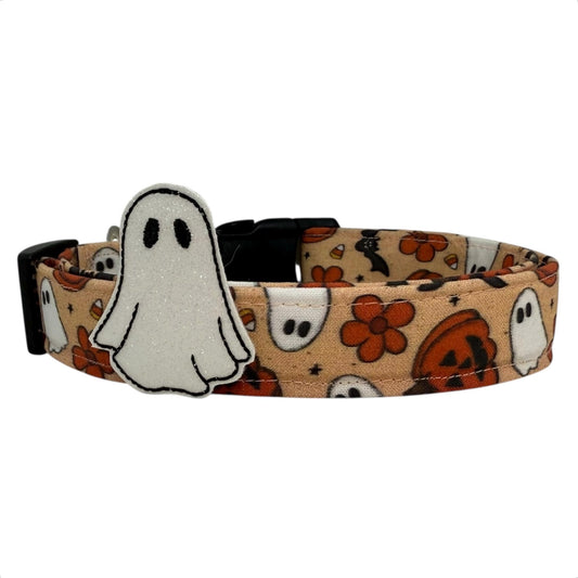 Close-up of ghost, pumpkin & bat pattern on adjustable Halloween dog collar with Ghost embellishment.
