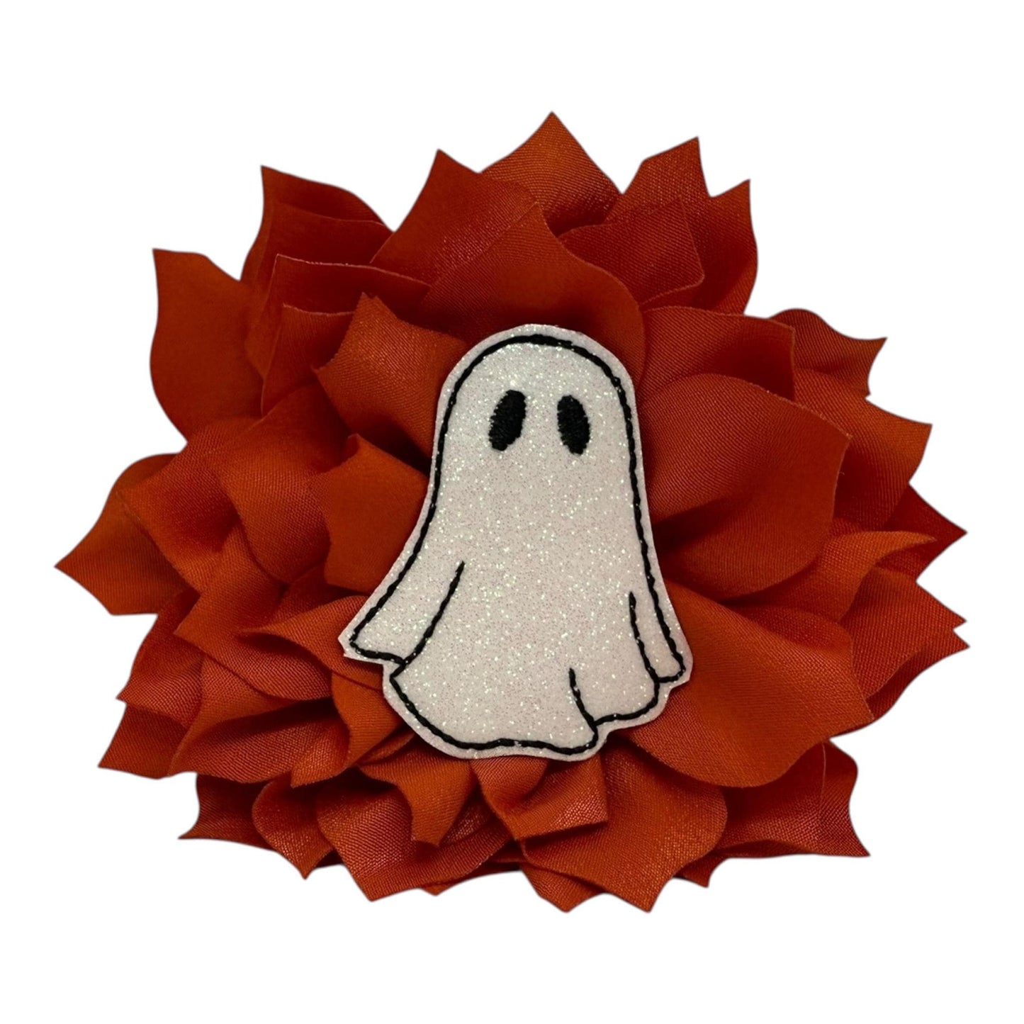 Orange dog collar flower with glittery ghost embellishment, available in 3" or 4" sizes, attaches with elastic loop for Halloween style.
