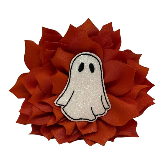 Orange dog collar flower with glittery ghost embellishment, available in 3" or 4" sizes, attaches with elastic loop for Halloween style.