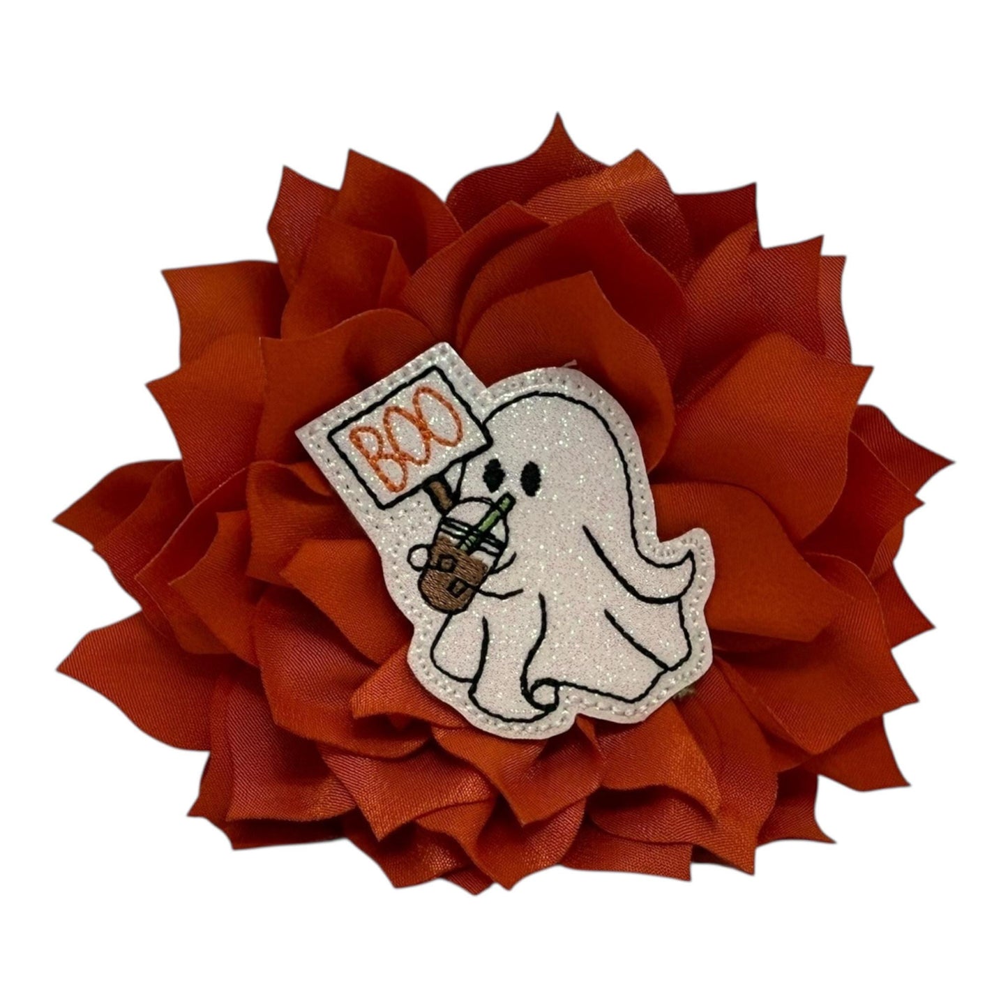 Orange dog collar flower with glittery boo ghost embellishment, available in 3" or 4" sizes, attaches with elastic loop for Halloween style.