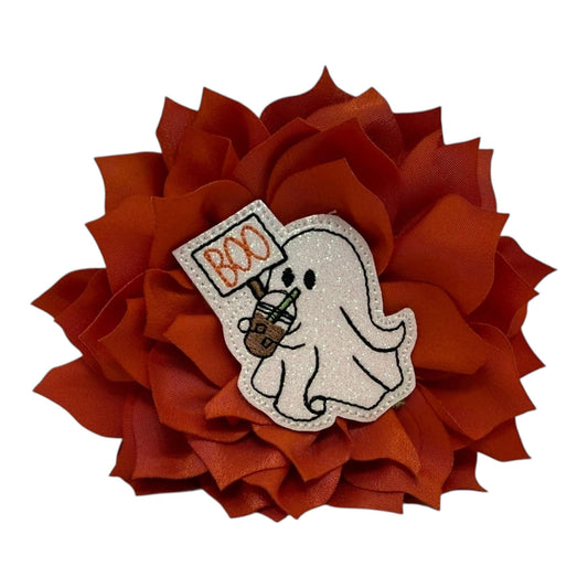 Orange dog collar flower with glittery boo ghost embellishment, available in 3" or 4" sizes, attaches with elastic loop for Halloween style.