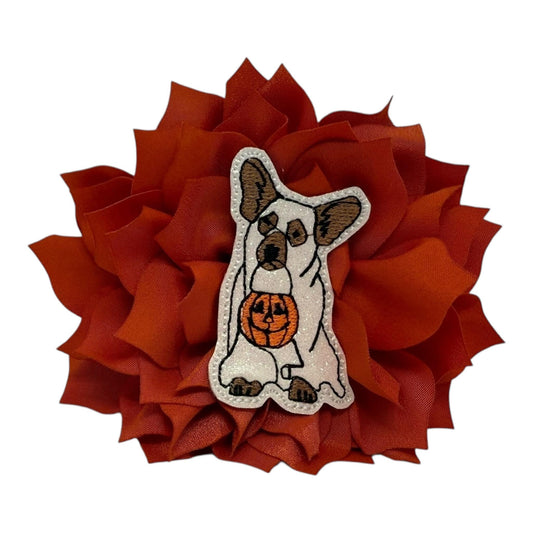 Orange dog collar flower with glittery ghost dog holding a pumpkin bucket, available in 3" or 4" sizes, elastic loop attachment.
