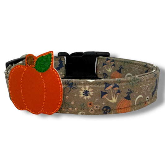 Cottagecore Halloween dog collar with rustic autumn florals, vintage-inspired design, and adjustable buckle for dogs. Also comes with shown removable pumpkin embellishment.