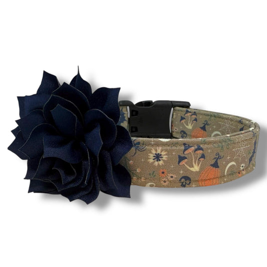 Cottagecore Halloween dog collar with rustic autumn florals, vintage-inspired design, and adjustable buckle for dogs and removable dog collar flower. 